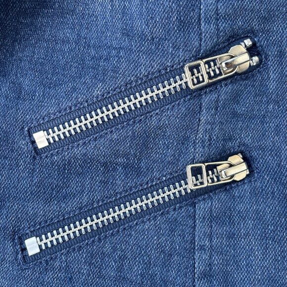 Veronica Beard Sienna Collarless Denim Moto Jacket 0 Linen Blend Jean Zip Up USA - Picture 10 of 15